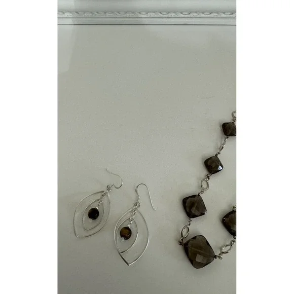Smoky Quartz Sterling Silver Necklace Earrings  Jewelry Tigers Eye .925 - Picture 4 of 5